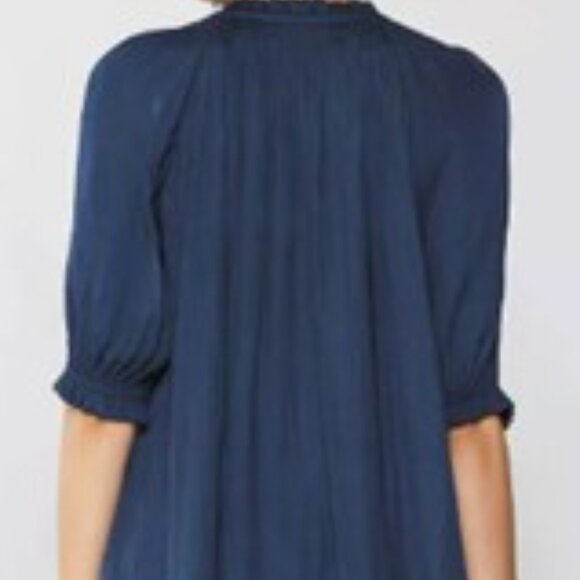 boho puff sleeve 3/4 length ruffled collar string tie blouse dark navy sz xl - Picture 10 of 15